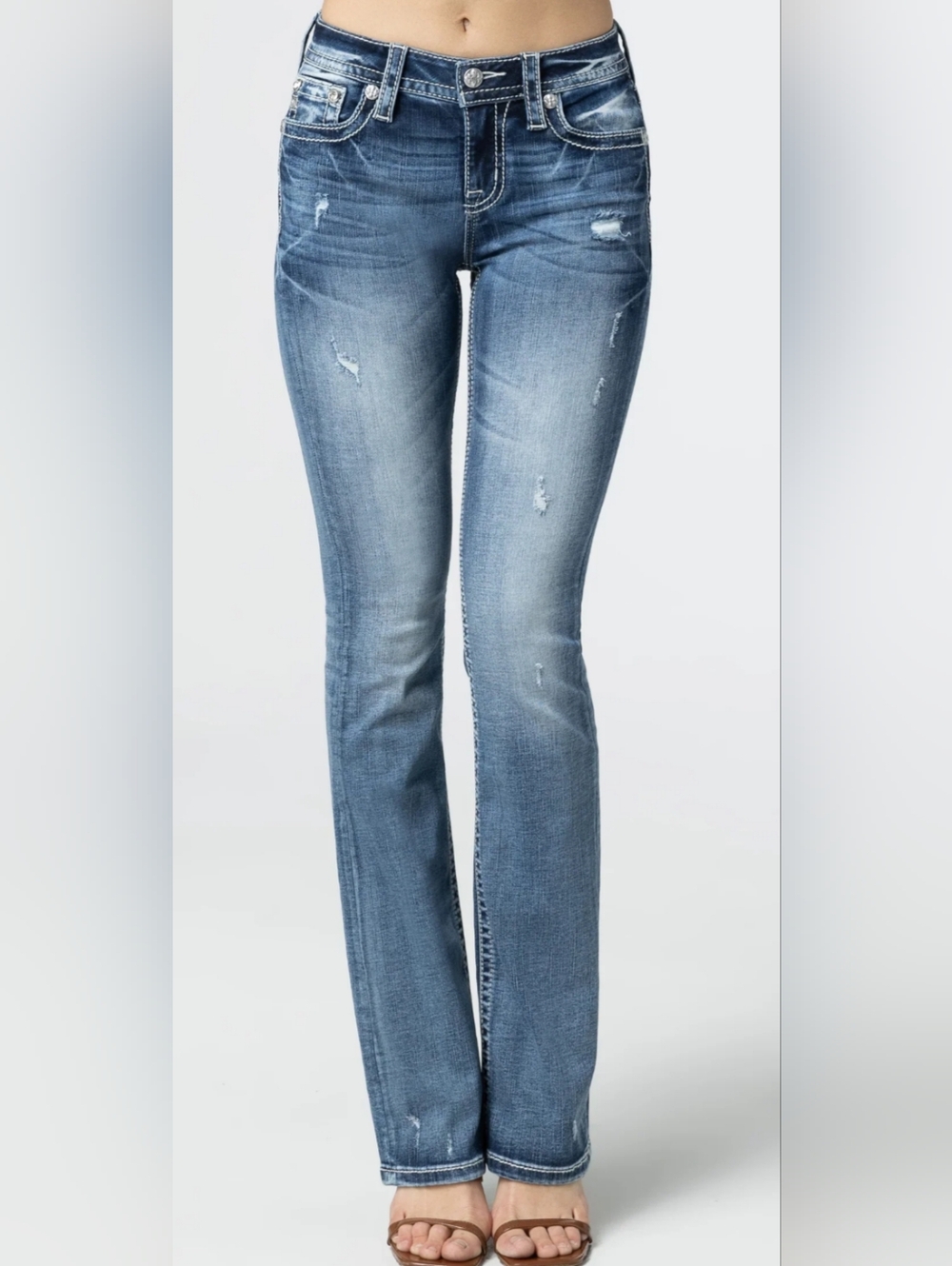 Miss Me -- Factory Distressed Low Rise Denim Boocut Jeans